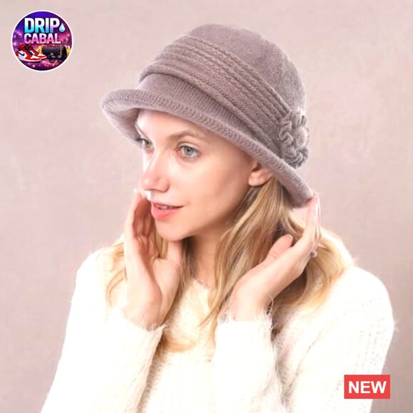 Winter Warm Knit Hat Crochet Visor Brim Cap with Flower Accent